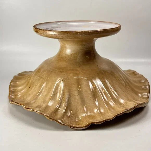 Vtg Cerbella Gubbio Ceramic Stoneware Pedestal Scalloped Fruit Bowl Floral Italy